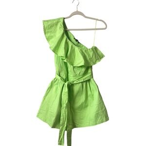 Flying Tomato One Shoulder Ruffle Romper Belted Green Cute‎ Size L Anthropologie